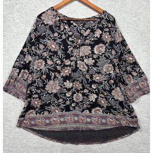 Lucky‎ Brand Womens Tunic Top Floral  2X Black Floral 3/4 Sleeves High Low Boho